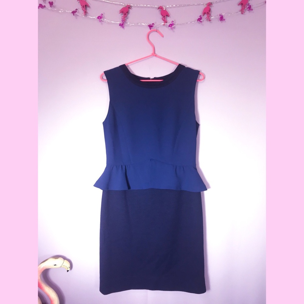 Sandro Two Tone Navy Blue Color Block Peplum Dress